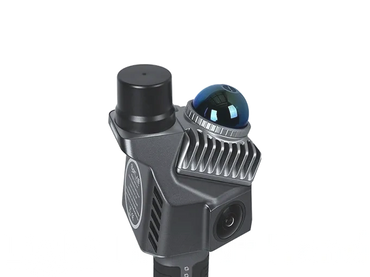 Compact black 360-degree camera with a blue dome lens and cooling fins.