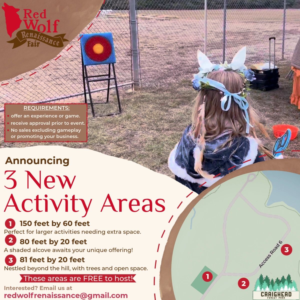 Announcement of 3 new activity areas at Red Wolf Renaissance Fair with space details.