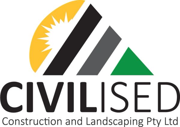 Logo of Civilised Construction and Landscaping Pty Ltd with geometric shapes and sun.