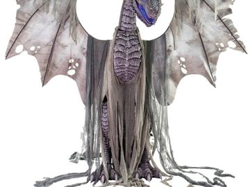 7 foot tall animated dragon prop light grey with light up blue eyes and fog machine.