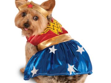 Wonder Woman costume for dogs or other pets. dress with Wonder Woman logo on back, and tiara.