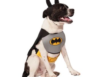 Batman Costume for dogs or other pets, black cape and headpiece with ears, belt, and bib with logo.