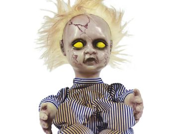 Creepy animated baby doll with dirty striped blue and white onesie pajamas.