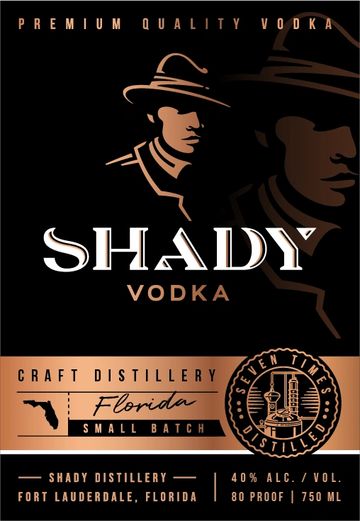 Label design for Shady Vodka featuring a man in a hat and distillery details.