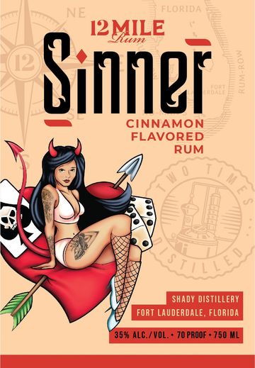 Label for 12 Mile Sinner cinnamon-flavored rum with devil woman illustration.