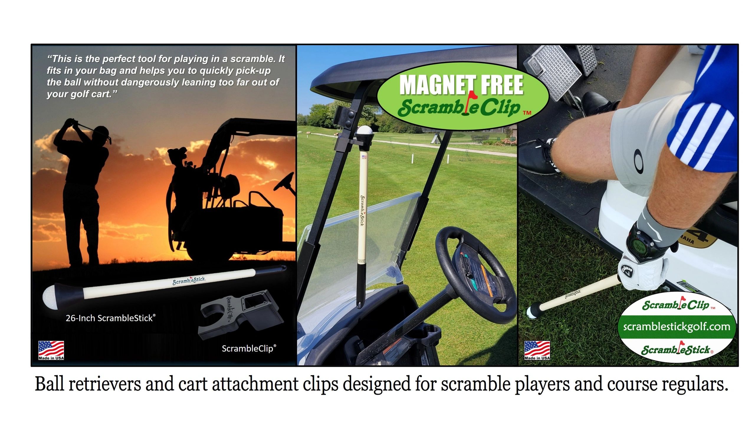 ScrambleStick ScrambleClip gimme grabber scramble pickup stick clip golf cart ball retriever holder