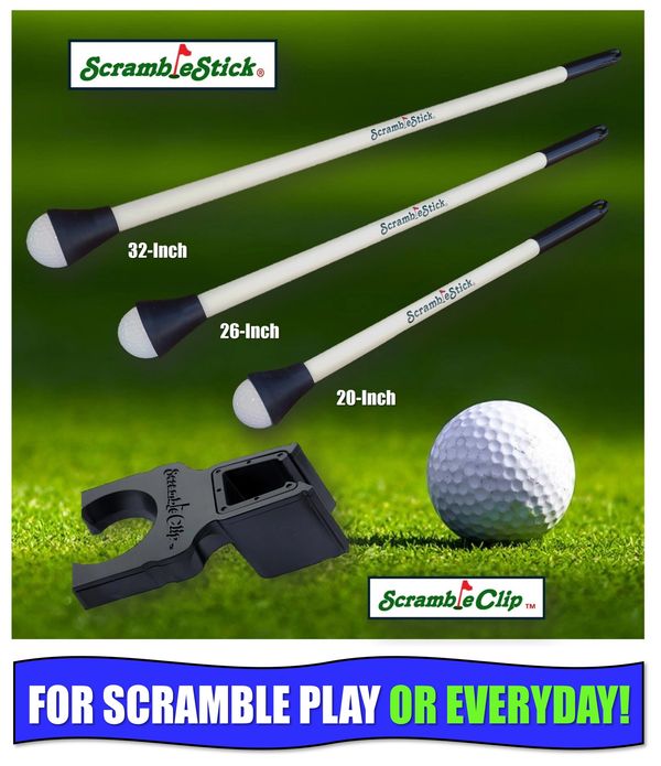 ScrambleStick ball retriever and 1-Inch ScrambleClip holder for your golf cart unique sizes USA made