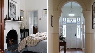 Reset Recovery Clinic - Cozy bedroom and bright hallway with stained glass door and artistic decor.