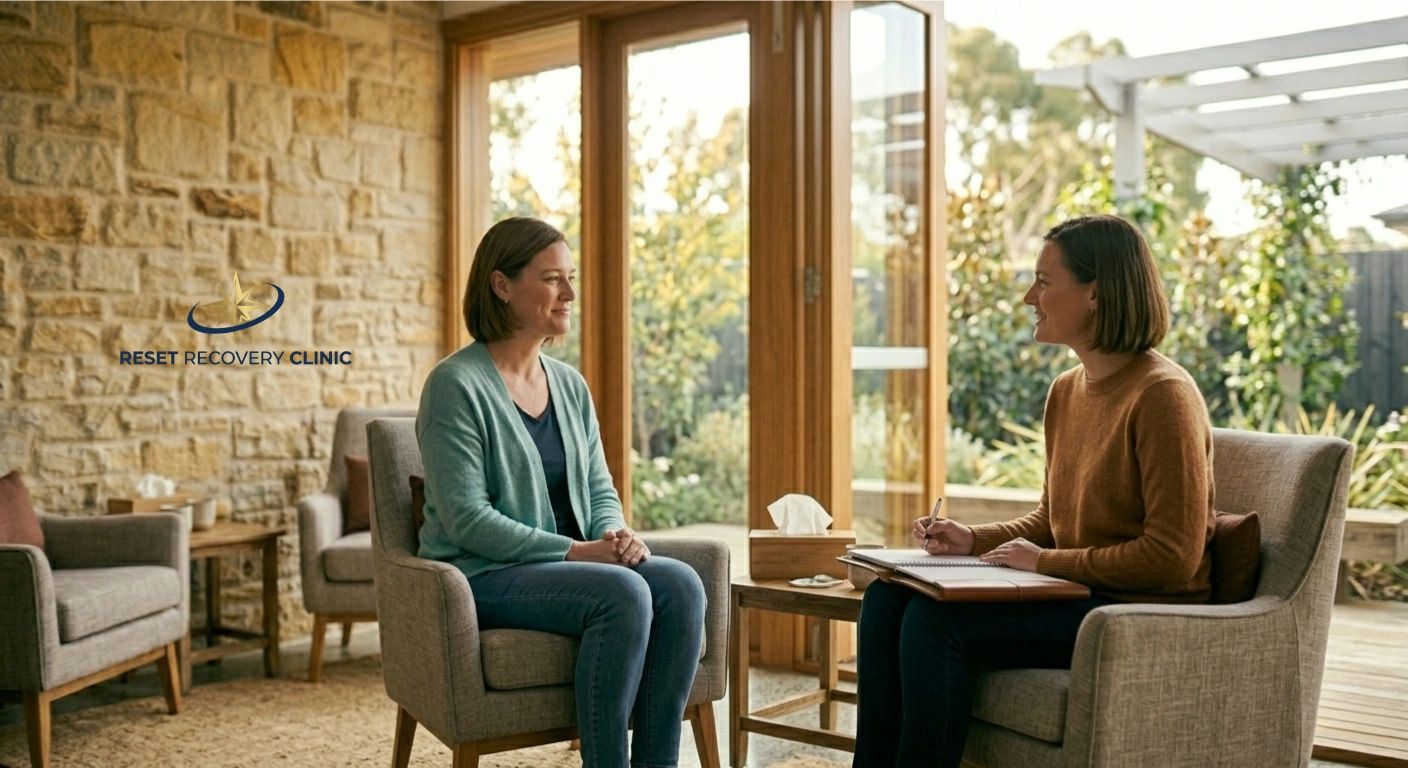 Women engaged in individual counseling session in sunlit Melbourne therapy room with stone wall.