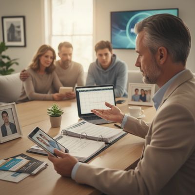 Intervention specialist meeting with family for a confidential assessment and strategic planning.