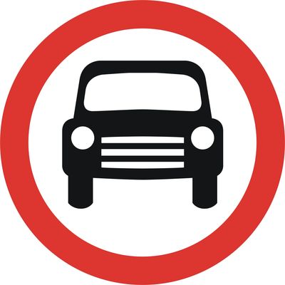 No entry for motor vehicles sign with a red circle and black car icon.