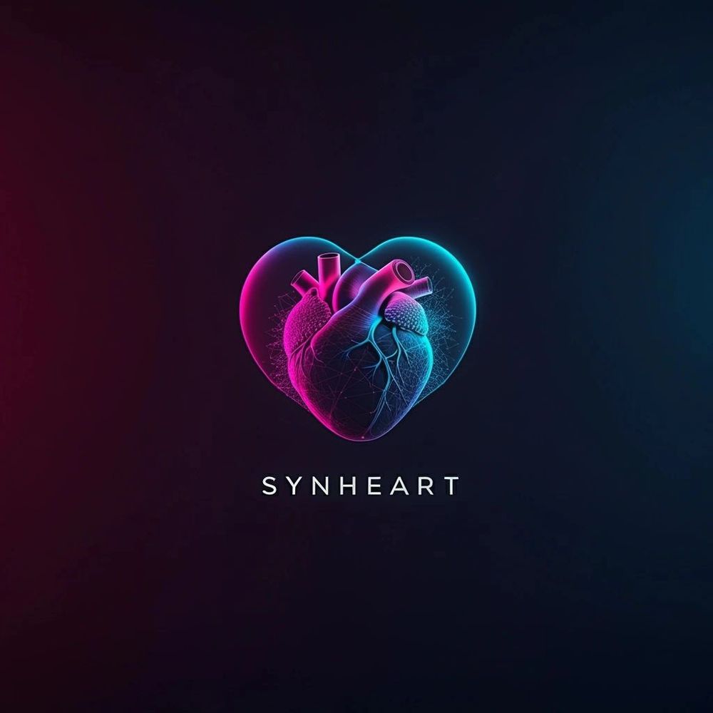 Digital neon heart blending anatomical and symbolic shapes with the text 'SYNHEART'.