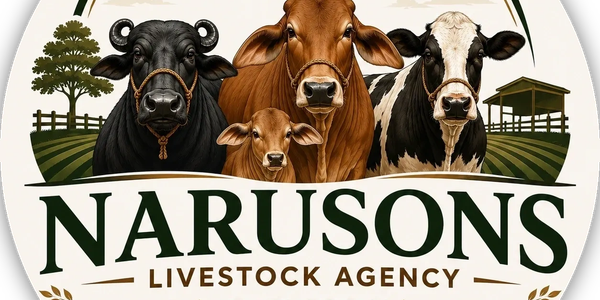 Logo of Narusons Livestock Agency with different types of cattle.