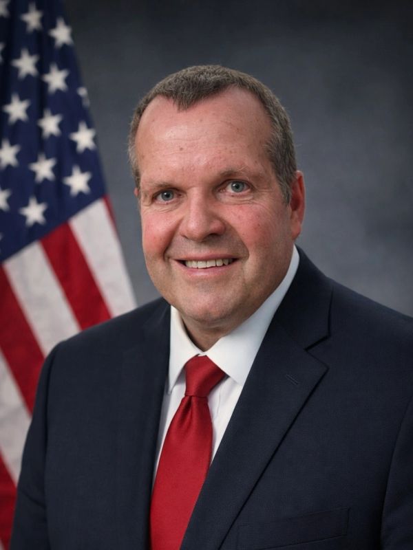 Man in a suit with an American flag in the background.