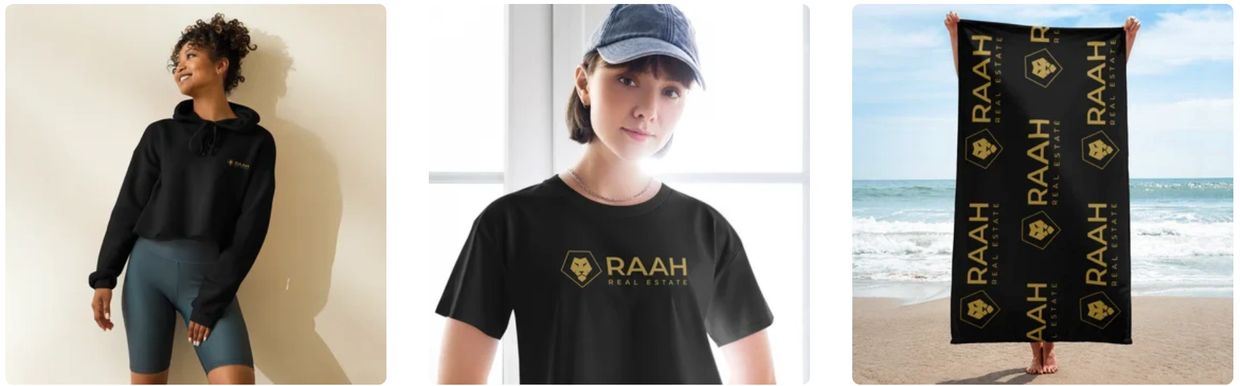 Models showcase RAAH Real Estate branded apparel and beach towel.