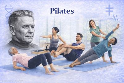 Group practicing Pilates with a grayscale portrait of Pilates founder in the background.