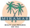 The logo of Miramar, behind the name there are two palm trees and a pink background.