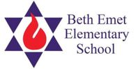 The logo of Beth Emet Elementary School. A red fire like shape with six purple triangles around it.