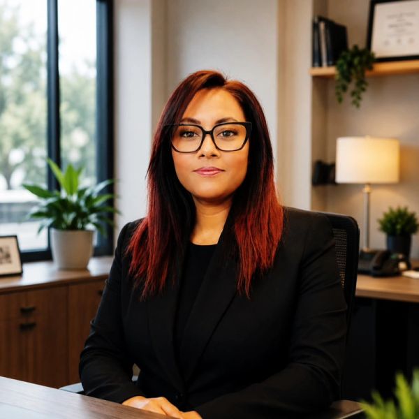 Professional woman with glasses in an office.
