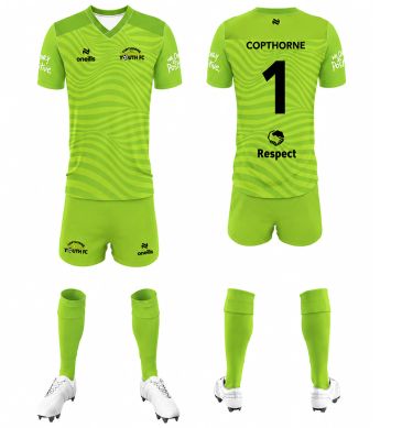 Goalkeeper's home kit, lime green top, shorts and socks