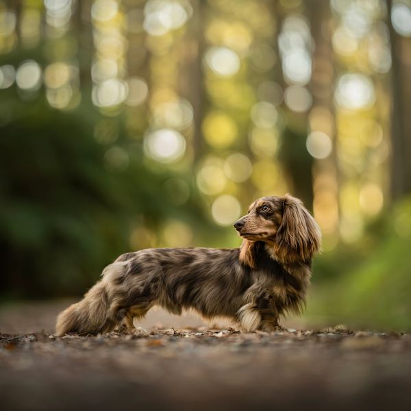 chocolate and cream dapple long haired dachshund