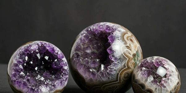 Three polished amethyst geode spheres with beautiful purple crystals inside.