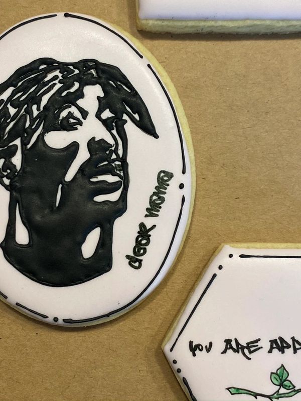 collage of 2Pac inspired Mother's Day custom cookies