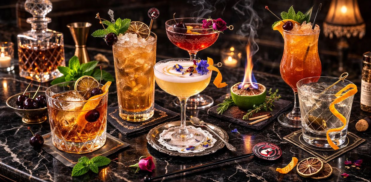 A variety of elegant cocktails on a dark marble table with garnishes and a flaming lime.