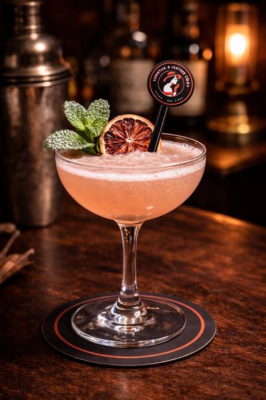 Elegant pink cocktail garnished with mint and dried citrus slice in a cozy bar setting.