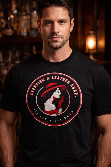 Man wearing a black T-shirt with a vintage-style Lipstick & Leather Corp. logo.