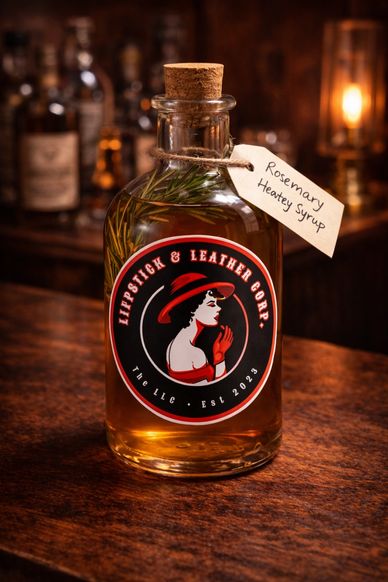 A vintage bottle of Rosemary Hearty Syrup with a cork stopper.