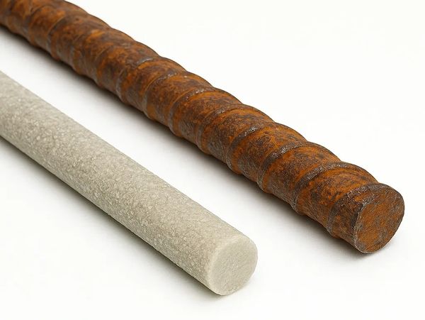 A rusty steel rebar next to a clean, white carbon fiber rod on a white background.
hutrod.com, hut rod,