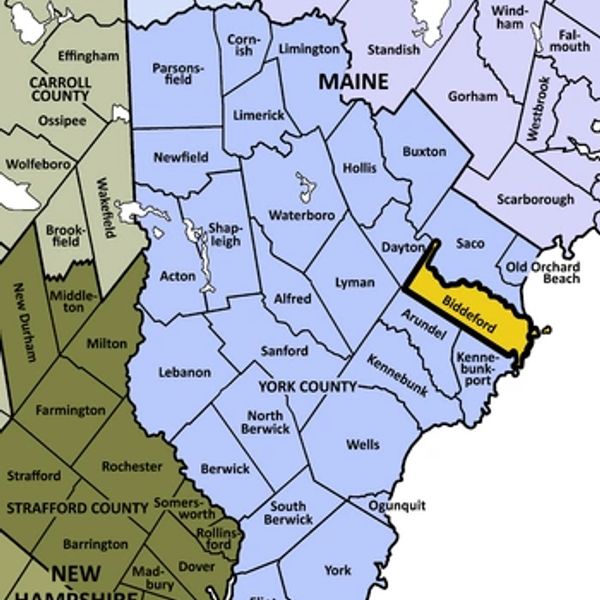 Map highlighting Biddeford in York County, Maine.