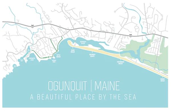 Map of Ogunquit, Maine showing coastal beaches and roads.