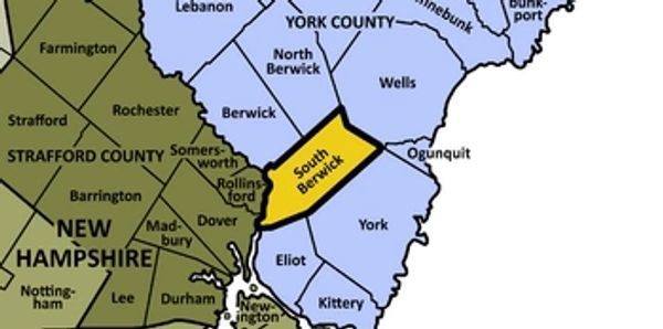 Map highlighting South Berwick in yellow between Maine and New Hampshire.