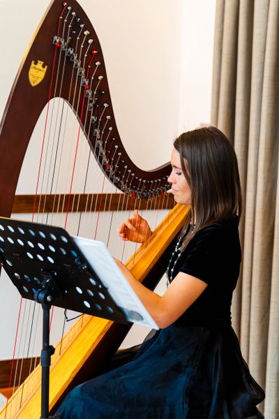 Woman playing a harp while reading sheet music.