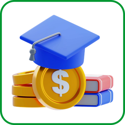 Graduation cap on stacked gold coins and colorful books symbolizing education and financial investment.