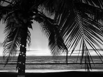 Ocean sunset at Playa La Saladita, viewed from a local restaurant (Paco’s or Ilianet) – black and white photo.