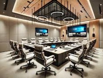 Modern conference room with ergonomic chairs and large screens.