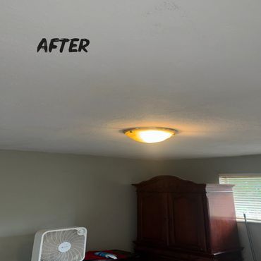 Ceiling light fixture installed in a room with furniture and a fan.
