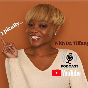 Dr. Tiffany smiling and pointing, promoting her podcast on YouTube.