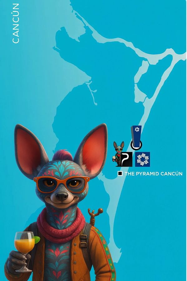 Colorful anthropomorphic fox with sunglasses holding a drink in front of a Cancun map.