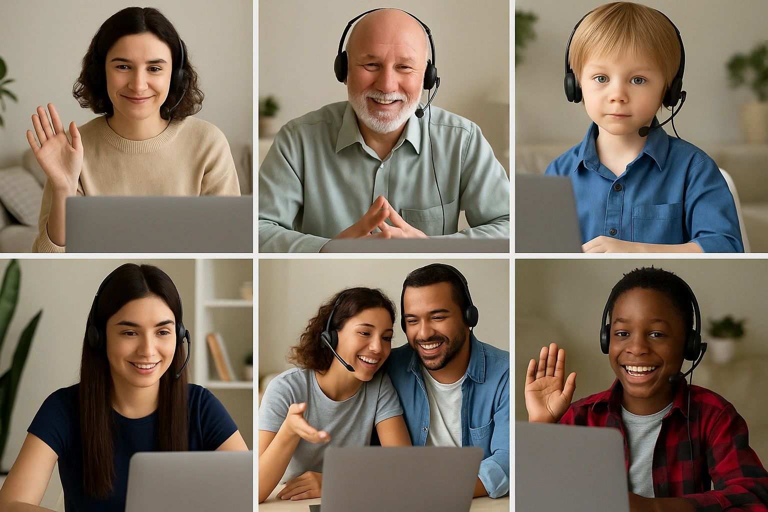 Diverse people video chatting with headsets from home.