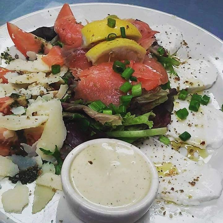 Trio Salad Dish 
Mushroom Leek Parmesan,  Smoked Salmon on top of mixed greens w/lemon green onion d