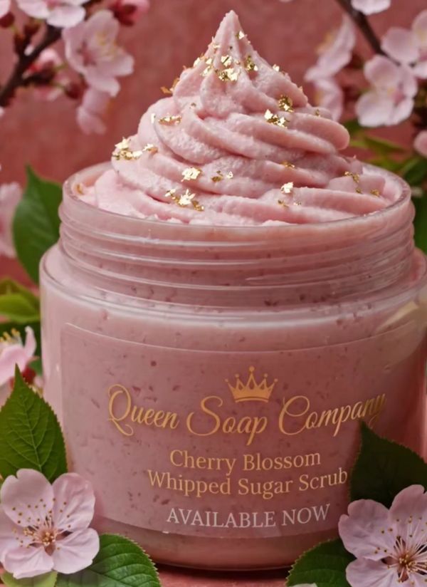 Pink cherry blossom whipped sugar scrub with gold flakes in a clear jar.
