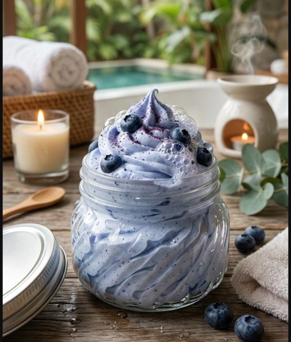Blueberry whipped body butter in a jar with spa elements around.