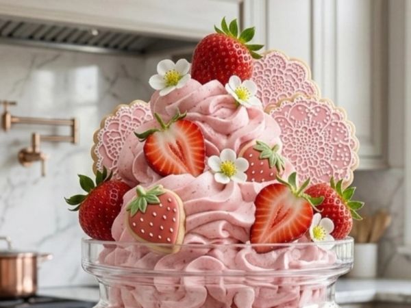 A pink strawberry dessert topped with fresh strawberries, flowers, and decorated cookies.