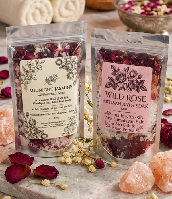 Two artisan bath soak packages with rose petals and Himalayan salt on a marble surface.