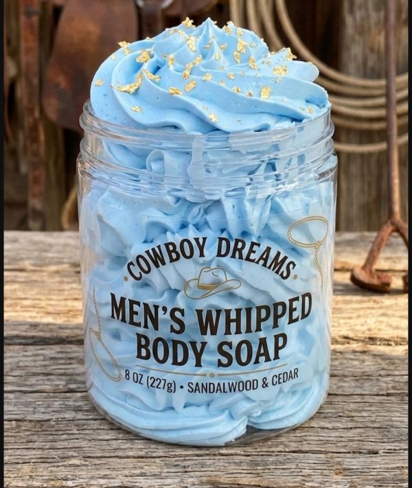 Jar of blue Cowboy Dreams men's whipped body soap with gold flakes.