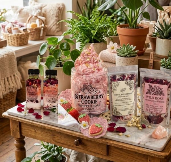 A rustic table displays strawberry-themed whipped soap, bath soaks, and decorative plants in a cozy setting.